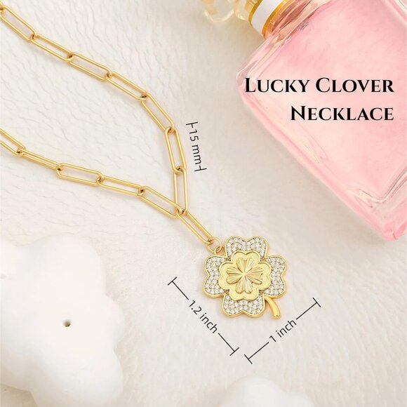 Lucky Clover Pendant Necklace in 18K Gold with Adjustable Length & Zirconia - Picture 4 of 7